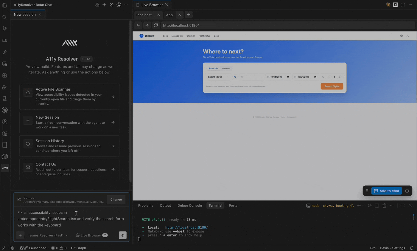 A11yResolver fixing a flight search form, converting mouse-only controls to buttons and verifying them in the built-in browser